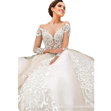 Custom Make High Quality Wedding Dress Bridal Gown Long Sheer Sleeves Ball Gown Luxury Beaded Crystal Wedding Dress